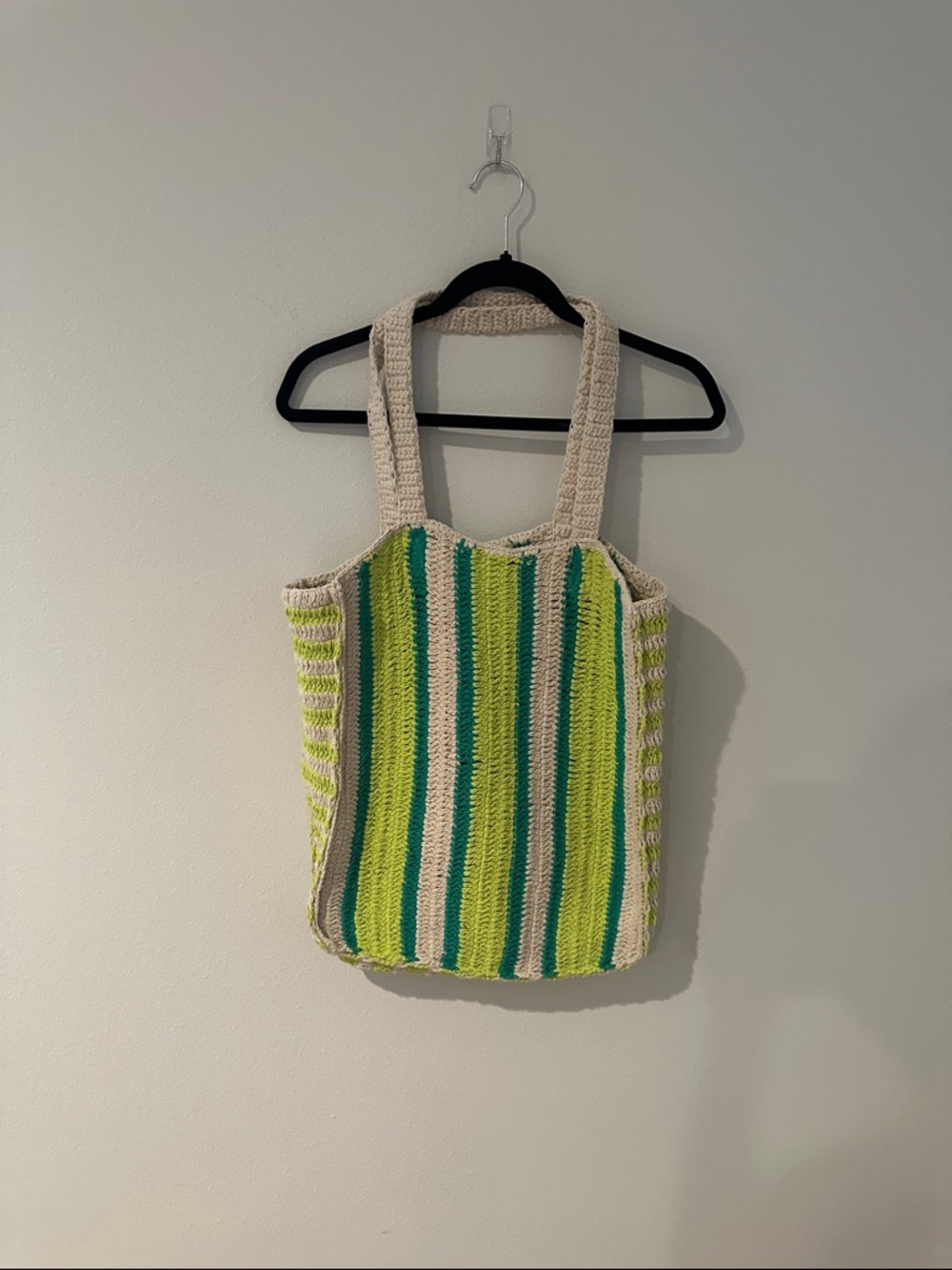 Crochet Stripe Tote in Green, Lime and Cream